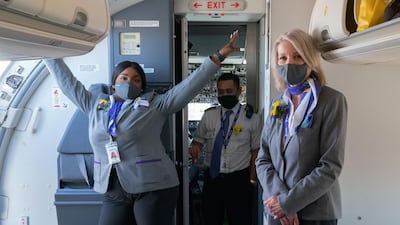Crew members on the first Avelo Airlines flight to Charles M. Schulz Sonoma County Airport in Santa Rosa, California. Bloomberg