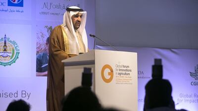 Dr Rashid bin Fahad, the Minister of Environment and Water delivers his welcome address during the opening ceremony of the Global Forum for Innovation in Agriculture. Silvia Razgova / The National
