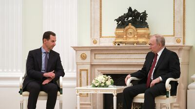 Syrian President Bashar Al Assad meets Russian President Vladimir Putin at the Kremlin in Moscow on Wednesday. EPA
