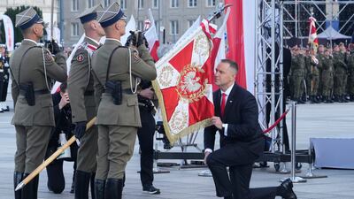 Poland's new President Karol Nawrocki attends an official ceremony to assume command of the Armed Forces at the Tomb of the Unknown Soldier on Pilsudski Square, Warsaw. AP