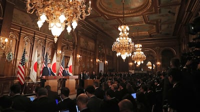 President Donald Trump, left, and Japanese prime minister Shinzo Abe, speak at a joint news conference at the Akasaka Palace in Tokyo. Trump is on a five-country trip through Asia traveling to Japan, South Korea, China, Vietnam and the Philippines. Andrew Harnik / AP Photo