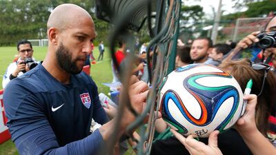 The US football team’s goalkeeper, Tim Howard, is just one of many celebrities who lives with Tourette’s syndrome. Kevin C Cox / Getty Images