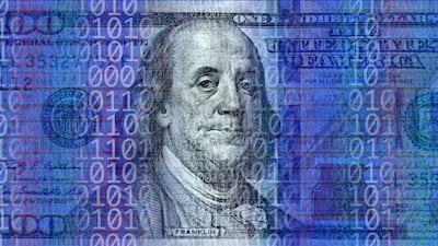 A $100 bill covered in binary code. The US is considering launching its own digital dollar, or Central Bank Digital Currency. Getty