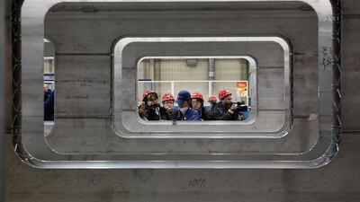 Inside the production line of parts for CRH380B, a high speed train model of Tangshan Railway Vehicle. Kim Kyung-Hoon / Reuters