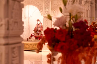 The main prayer hall of the new Hindu temple in Jebel Ali, Dubai. Khushnum Bhandari / The National