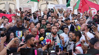 A member of the Global Sumud Flotilla speaks at the press conference in Tunis to confirm that all six passengers and crew on board were reported safe after the second attack. Reuters