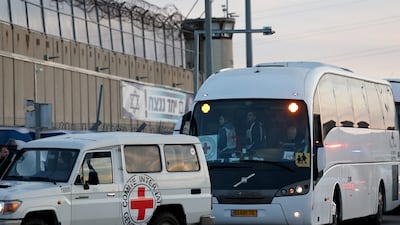 Red Cross vehicles enter Ofer military prison, north of Jerusalem, in January last year. EPA