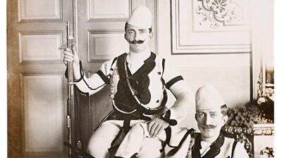 Princes of Sultan Mehmed Reşad V, Ömer Hilmi Efendi (1886-1935) and Mehmed Ziyaeddin Efendi (1873-1938). In the Balkan attire, in memory of the Sultan’s visit to the Rumelia. Manaki Brothers, Bitola, June 1911. Courtesy Ömer M. Koç Collection