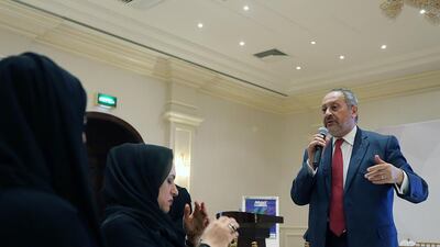 Dr Magued Osman speaks after launching a report by the United Nations Development Programme and the UAE General Women’s Union in Abu Dhabi on Wednesday. Satish Kumar / The National
