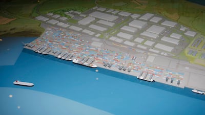 A scale model shows the DP World London Gateway port currently under construction site at Standford-le-Hope near Thurrock in southeast England. AFP PHOTO/Luke MacGregor/WPA POOL