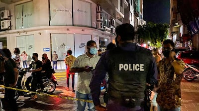 Police secure the site in Male where a bomb blast injured former Maldives president and current parliament speaker Mohamed Nasheed on May 6. AFP