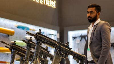 MPT-55K assault rifles on display at the booth of Turkey's Mechanical and Chemical Industry Corporation at the Doha International Maritime Defence Exhibition in the Qatari capital.
