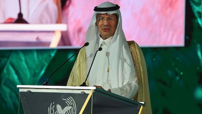 Saudi Energy Minister Prince Abdulaziz bin Salman addresses the opening session of Mena Climate Week in Riyadh. AFP