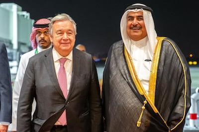 UN Secretary General Antonio Guterres is received in Manama by Sheikh Khalid bin Ahmed Al Khalifa, diplomatic affairs adviser to the King Hamad of Bahrain. AFP