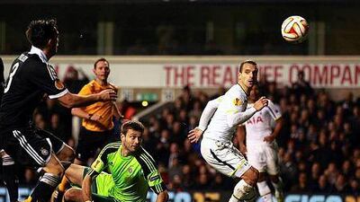 Tottenham's Roberto Soldado, right, in action against Partizan's goalkeeper Milan Lukac, centre, during the Uefa Europa League soccer match between Tottenham Hotspurs and FK Partizan Belgrade at White Hart Lane in London, Britain, 27 November 2014. EPA/SEAN DEMPSEY