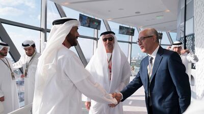 Sheikh Nahyan bin Zayed, Chairman of the Board of Trustees of Zayed bin Sultan Al Nahyan Charitable and Humanitarian Foundation (L) greets Rachid Talbi El Alami, Minister of Youth and Sports of Morocco (R), at the 2017 Abu Dhabi Grand Prix. Seen with Sheikh Saif bin Zayed, Deputy Prime Minister and Minister of Interior. Omar Al Askar for Crown Prince Court - Abu Dhabi
