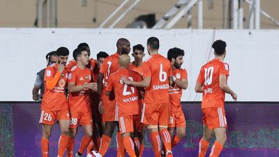 Ajman celebrate after scoring the opening goal against Shabab Al Ahli in the Adnoc Pro League at Rashid bin Saeed stadium. Photo: PLC