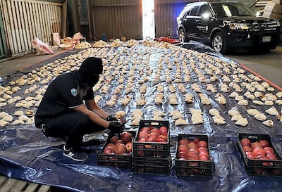 A Saudi customs officer cuts open imported pomegranates after an attempt to smuggle more than five million Captagon pills was foiled at Jeddah Islamic Port. Saudi Press Agency