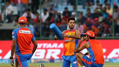 Chirag Suri, centre, during the warm-up ahead of the Gujarat Lions' Indian Premier League game against the Delhi Daredevils. Courtesy Surjeet Kumar