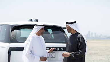 President Sheikh Mohamed with Sheikh Hamad bin Mohammed Al Sharqi, Ruler of Fujairah, at Fujairah Port. UAE Presidential Court