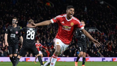 Marcus Rashford celebrates scoring Manchester United's third goal during their 5-1 Uefa Europa League win over FC Midtjylland at Old Trafford on February 25, 2016. AFP