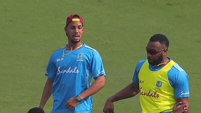 West Indies captain Kieron Pollard in playful mood during training in Hyderabad on Wednesday. AP