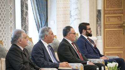 Hamdullah Mohib, National Security Advisor of Afghanistan, right; Mr Qayoumi and other members of the Afghanistan delegation attend a meeting at the Presidential Palace.
