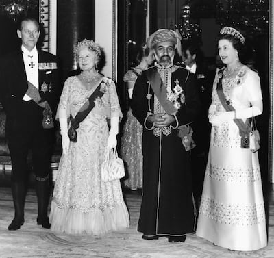 Sultan Qaboos at Buckingham Palace with Queen Elizabeth II, the Queen Mother and the Duke of Edinburgh. Getty Images