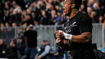 New Zealand’s Julian Savea celebrates scoring a try during the rugby Test match between New Zealand and South Africa at AMI Stadium in Christchurch on September 17, 2016. Marty Melville / AFP