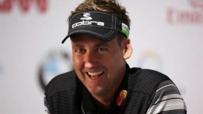 Ian Poulter talks to media during the press conference at the Jumeirah Golf Estates in Dubai.