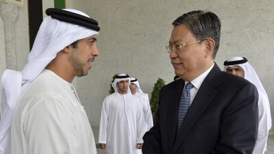 Sheikh Mansour bin Zayed, Deputy Prime Minister and Minister of Presidential Affairs, welcomes a member of the Central Politburo of the Communist Party of China. Wam