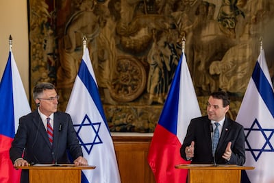From left, Israeli Foreign Minister Gideon Saar and Czech Foreign Minister Petr Macinka. EPA