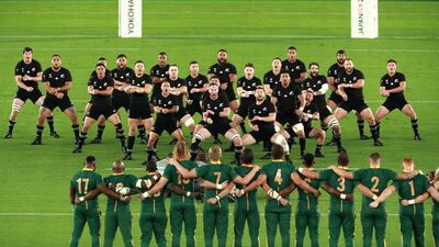 New Zealand players perform the Haka prior to the Rugby World Cup 2019 Group B game between New Zealand and South Africa at International Stadium Yokohama, Kanagawa, Japan. Getty Images