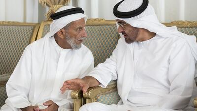 Sheikh Mohammed bin Zayed, Crown Prince of Abu Dhabi and Deputy Supreme Commander of the Armed Forces, offers condolences to Mohammed Al Kaabi (L), on the passing of his son, Ali Mohammed Al Kaabi, who died while serving the UAE Armed Forces in Operation Restoring Hope in Yemen. Ryan Carter / Crown Prince Court — Abu Dhabi