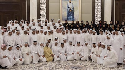 Sheikh Mohammed bin Zayed, Crown Prince of Abu Dhabi and Deputy Supreme Commander of the Armed Forces, greeted a member of the Emirates Association for Lawyers and Legal Consultants during an iftar reception held at Al Bateen Palace. Ryan Carter / Crown Prince Court - Abu Dhabi