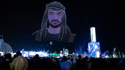 A drone display shows Sheikh Mohamed bin Zayed, Crown Prince of Abu Dhabi and Deputy Supreme Commander of the Armed Forces, at Sheikh Zayed Heritage Festival in Al Wathba, Abu Dhabi. Victor Besa / The National