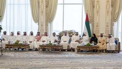Sheikh Mohamed bin Zayed sits with Sheikh Mohamed bin Rashid and Sheikh Mohamed bin Saud, Dr Amal Abdullah, Sheikh Tahnoon bin Mohamed, Ruler's Representative in Al Ain Region and Sheikh Saif bin Mohamed. Mohamed Al Hammadi / Ministry of Presidential Affairs