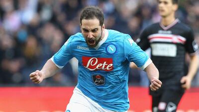 Gonzalo Higuain of Napoli celebrates scoring against Carpi on Sunday in Serie A. Maurizio Lagana / Getty Images / February 7, 2016