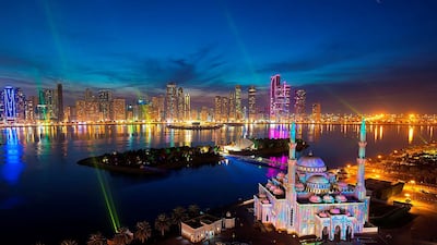 Al Noor Mosque on Buhaira Corniche lit up for the Sharjah Light Festival 2019. Courtesy Sharjah Light Festival
