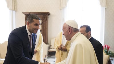 Pope Francis greets Khaldoon Khalifa Al Mubarak, CEO and managing director, Mubadala, and Chairman of the Abu Dhabi Executive Affairs Authority. Ryan Carter / Crown Prince Court - Abu Dhabi