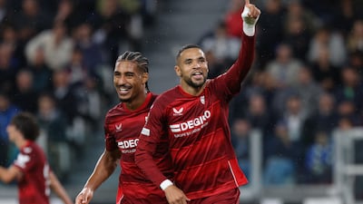Sevilla's Youssef En-Nesyri celebrates scoring at Juventus in the Europa League semi-final first leg on May 11. Reuters