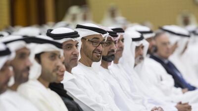 Sheikh Mohammed bin Zayed, Crown Prince of Abu Dhabi and Deputy Supreme Commander of the Armed Forces, at a lecture by Mohamed Alabbar, the founder and chairman of Emaar Properties. Ryan Carter / Crown Prince Court - Abu Dhabi