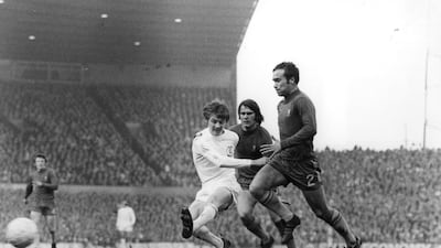 Alan Clarke, left, of Leeds United takes a shot at the Chelsea goal as defenders Ron Harris and Dave Webb challenge during the FA Cup Final replay at Old Trafford. Chelsea won 2-1 after extra time. Getty