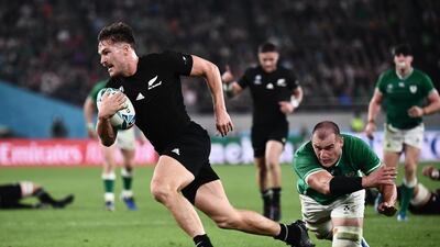 New Zealand's wing George Bridge (C) runs to score a try during the Japan 2019 Rugby World Cup quarter-final match between New Zealand and Ireland at the Tokyo Stadium in Tokyo. AFP