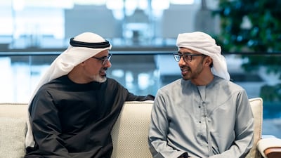 Sheikh Khaled bin Mohamed, Crown Prince of Abu Dhabi, and Sheikh Abdullah bin Zayed, Deputy Prime Minister and Minister of Foreign Affairs, attend the meeting