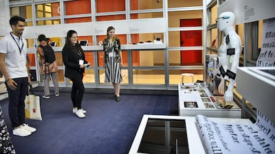 People attend the Global Grad Show, showcasing graduate projects, during the Dubai Design Week at the Dubai Design District, Dubai, UAE, on Monday, Nov. 11, 2019. (Photos by Shruti Jain - The National)