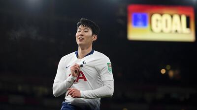 Son Heung-min celebrates after scoring his team's first goal during the Carabao Cup Quarter Final match between Arsenal and Tottenham Hotspur at Emirates Stadium on December 19, 2018. Getty Images