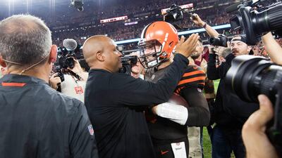 Cleveland Browns head coach Hue Jackson, left, was thoroughly pleased with the performance of quarterback Baker Mayfield. Reuters