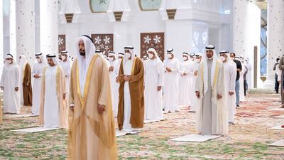 President Sheikh Mohamed attends Eid Al Adha prayers at Sheikh Zayed Grand Mosque with Sheikh Saeed bin Zayed, Abu Dhabi Ruler's Representative, and Sheikh Issa bin Zayed.