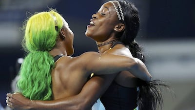 Elaine Thompson of Jamaica (R) hugs Shelly-Ann Fraser-Pryce of Jamaica after winning the women’s 100m final during the athletics event at the Rio 2016 Olympic Games at the Olympic Stadium in Rio de Janeiro on August 13, 2016. Lucy Nicholson / Reuters